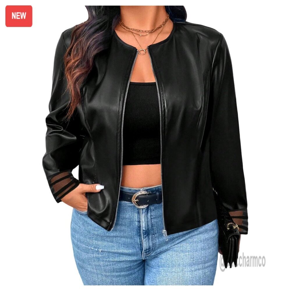 Faux Leather Motorcycle Jacket Plus Size Zip Up Long Sleeve Streetwear Outerwear